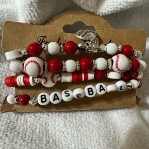 Red and White Baseball Beaded Bracelet Set